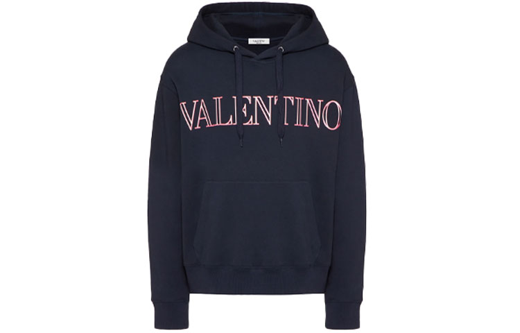 Valentino SS22 Logo Print Cotton Hoodie Navy Blue for Men. XV3MF21K85LD98