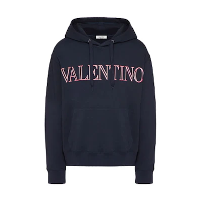 Valentino SS22 Logo Print Cotton Hoodie Navy Blue for Men. XV3MF21K85LD98