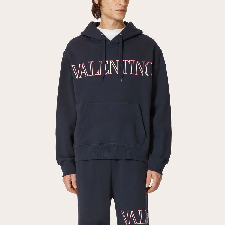 Shop Valentino 男士SS22海軍藍標誌印花棉質連帽衫 XV3MF21K85LD98