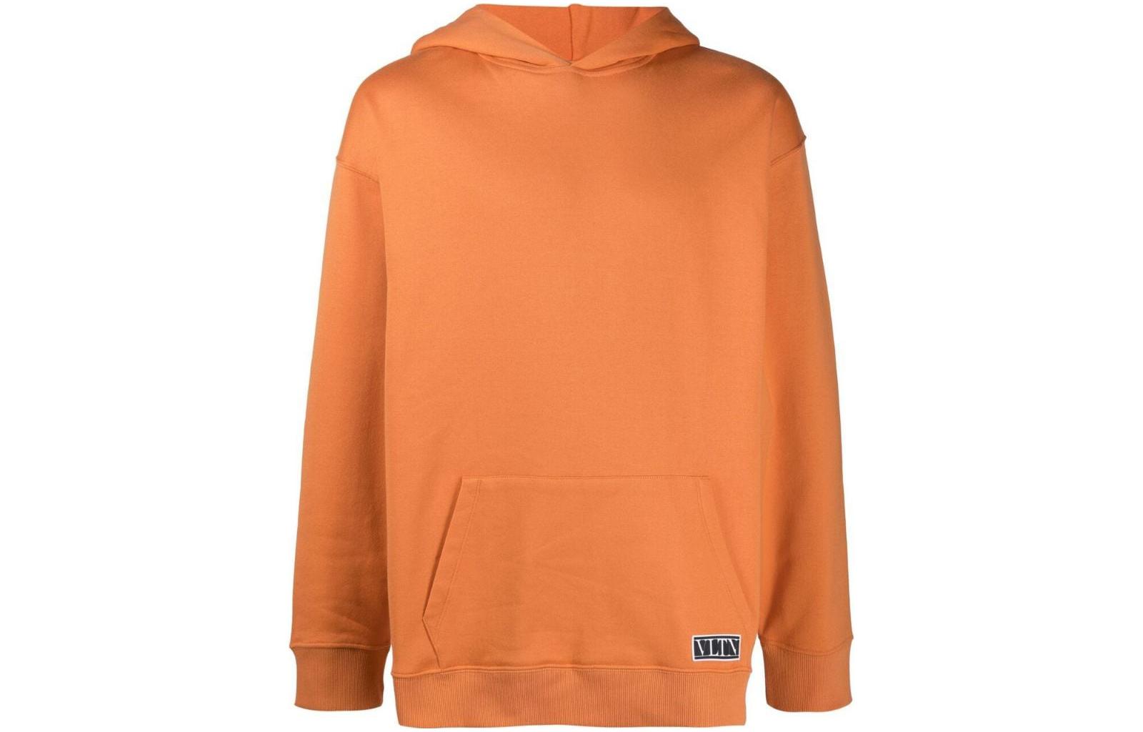 Valentino SS22 Orange Solid Color Casual Logo Patch Pullover Hoodie VMF18F7EY406