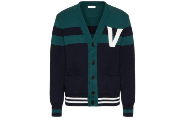 Valentino SS22 Striped Logo Embroidered V-Neck Knit Sweater Green Mens. 1V3KA02B8R17MX