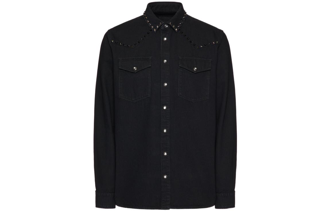 Valentino SS23 Black Long Sleeve Shirt with Studded Collar for Men. 2V3DB93J94D0NO