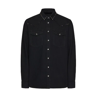 Valentino SS23 Black Long Sleeve Shirt with Studded Collar for Men. 2V3DB93J94D0NO