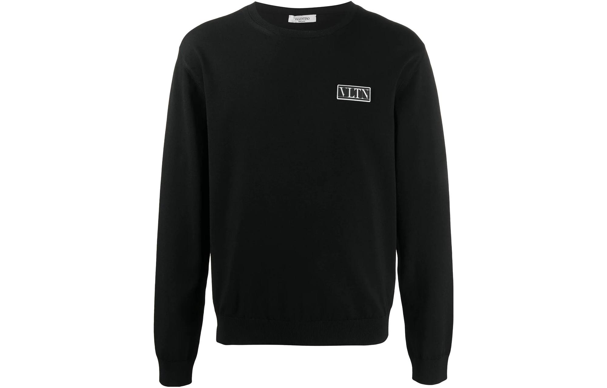 Valentino SS23 Black Pullover Crewneck Sweatshirt with Logo Patch UV3KC10P6N00N0