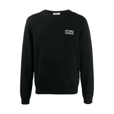 Valentino SS23 Black Pullover Crewneck Sweatshirt with Logo Patch UV3KC10P6N00N0