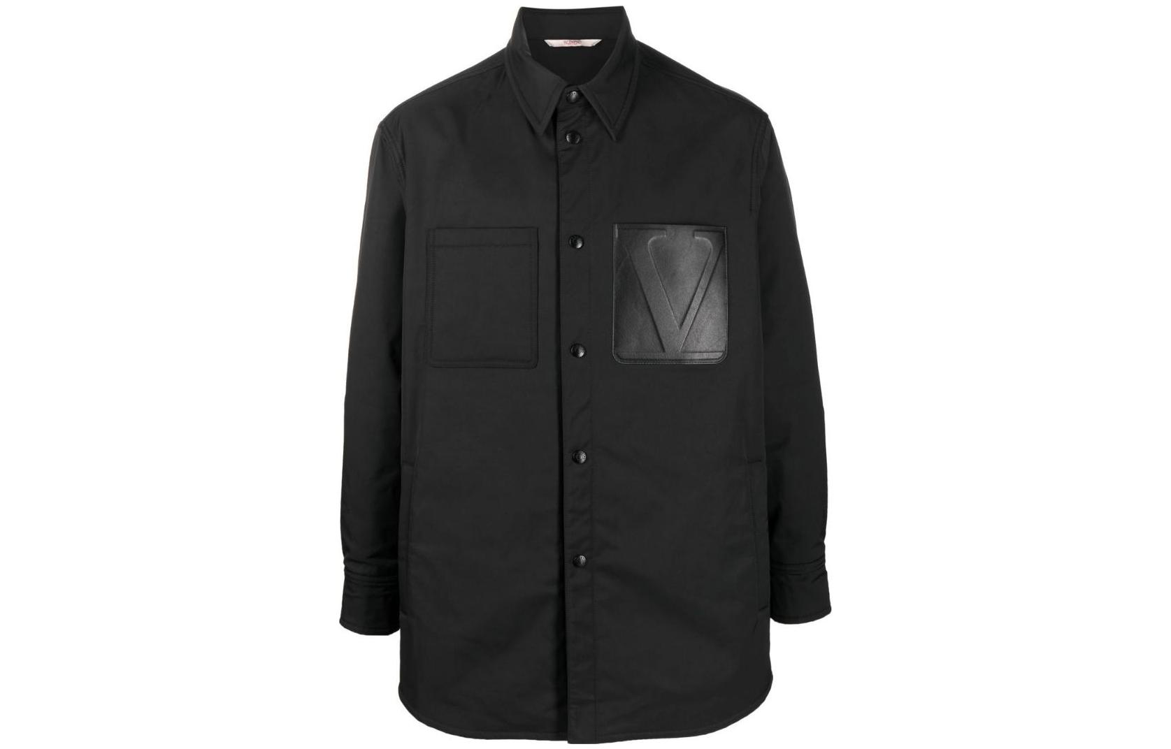 Valentino SS23 Black Solid Logo Patch Point Collar Jacket VCIF2190Q-0NO