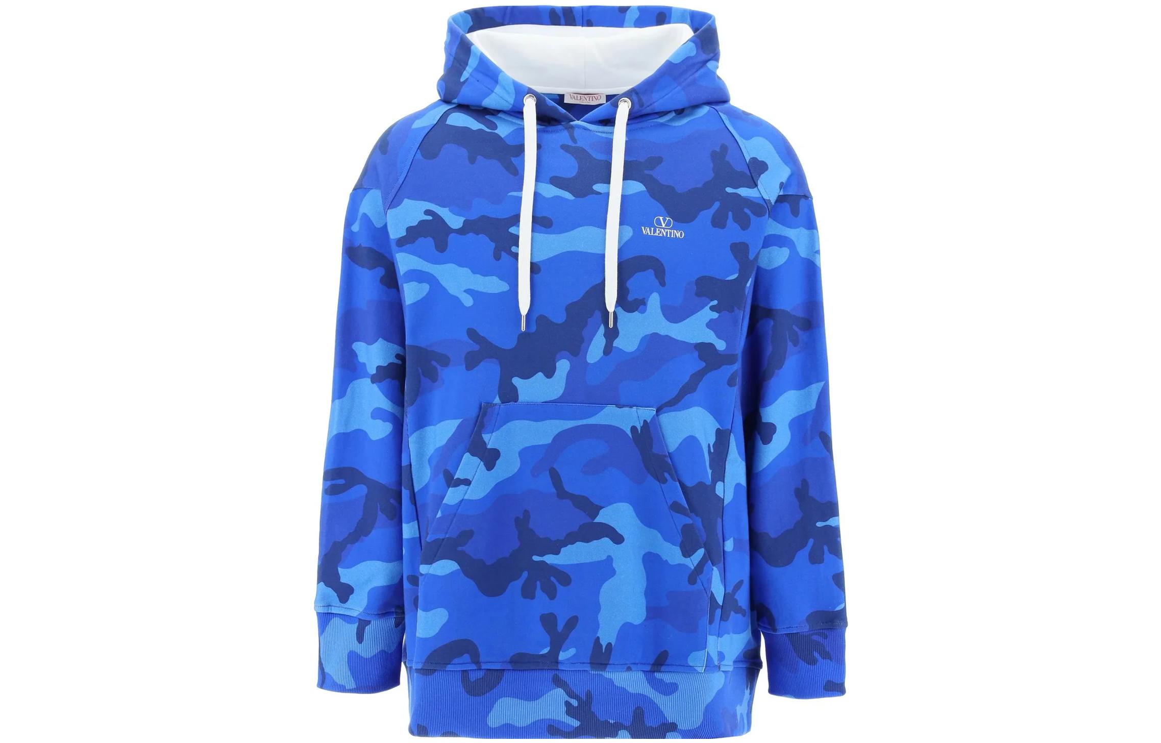 Valentino SS23 Blue Camouflage Print Drawstring Hoodie for Men 1V3MF22R8M57QK