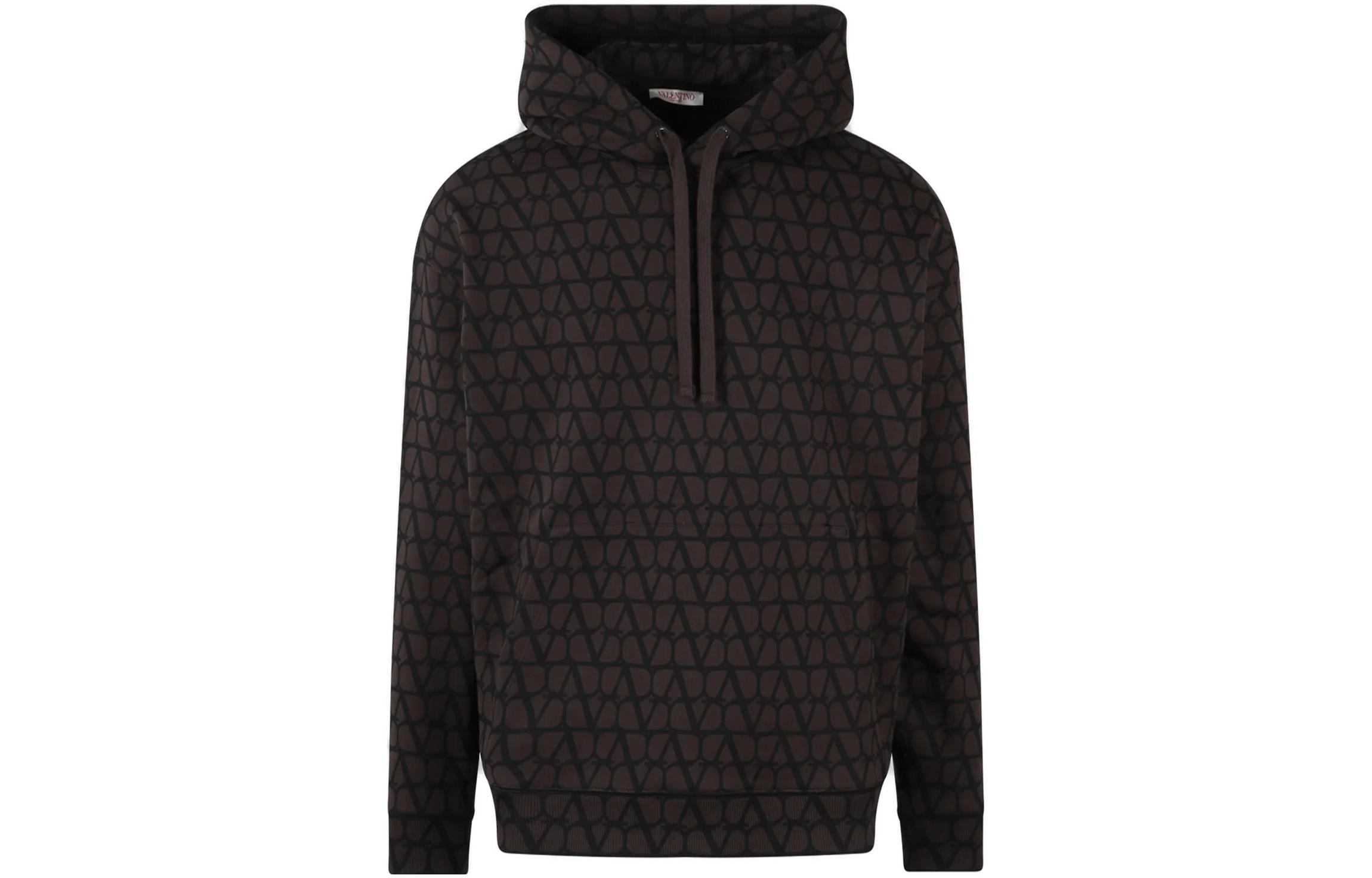 Valentino SS23 Brown Letter Logo All-Over Print Hoodie for Men 3V3MF25R9KDMYW
