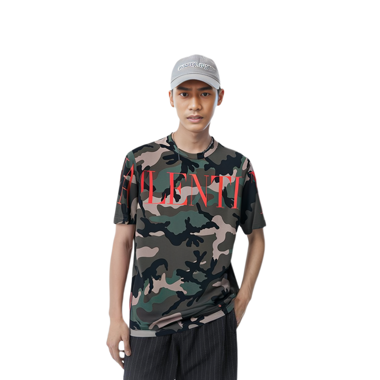 Shop Valentino SS23 Kaos Pria Camouflage Letter Print Crewneck. SV0MG04G5SL-J63