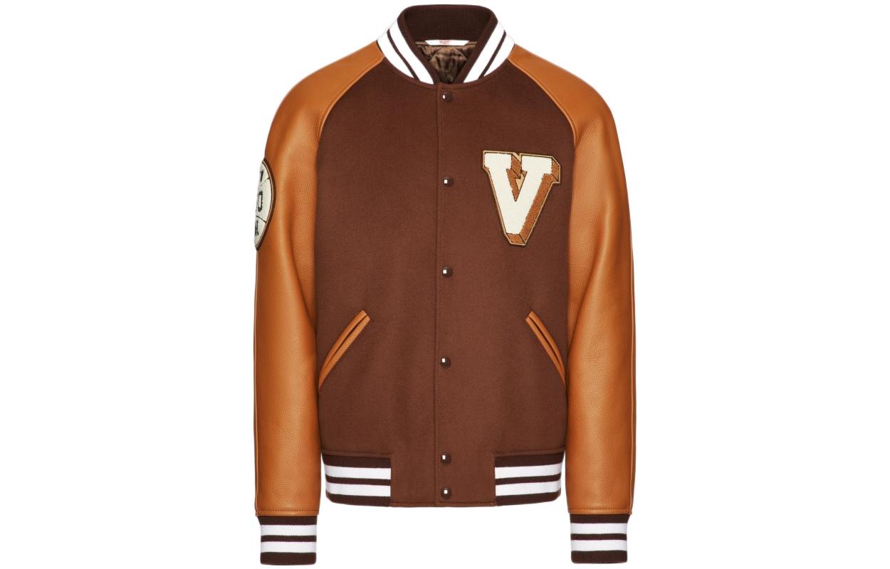Valentino SS23 Logo Patchwork Colorblock Baseball Jacket Brown . 2V3CIM17912V0H