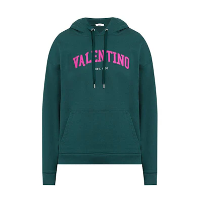 Valentino SS23 Logo Print Cotton Hoodie Green Men 2V3MF14B96373T