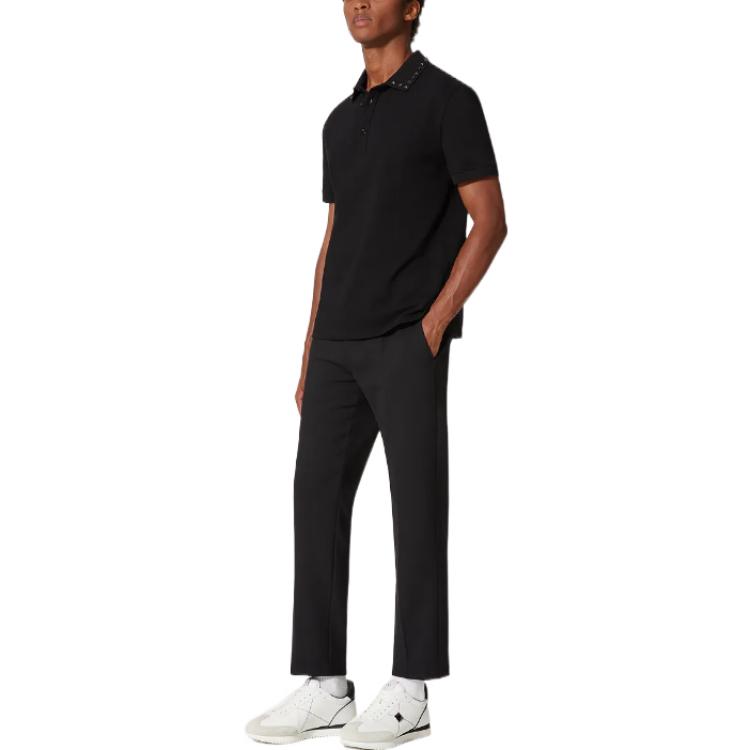 Shop Valentino SS23 Baju Polo Lelaki Hitam Berstud Warna Solid 2V3MH01K952-0NO
