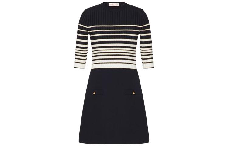 Valentino SS23 Striped Crewneck Long Sleeve Dress Navy Blue BKD10Q84C7D1