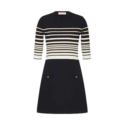 Valentino SS23 Striped Crewneck Long Sleeve Dress Navy Blue BKD10Q84C7D1