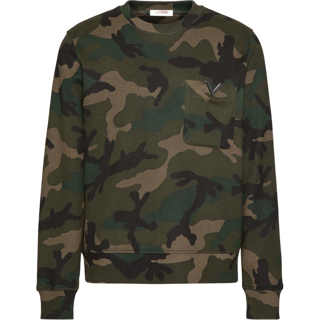 Valentino SS24 Camouflage Crewneck Pullover Long-Sleeve Sweatshirt Green VMF27PAB2F00