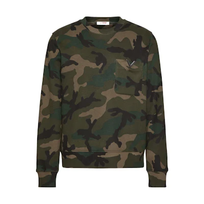 Valentino SS24 Camouflage Crewneck Pullover Long-Sleeve Sweatshirt Green VMF27PAB2F00