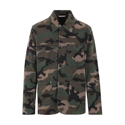 Valentino SS24 Camouflage Print Button-Up Jacket Green Long Sleeve VCJK00AA1F00-GREEN