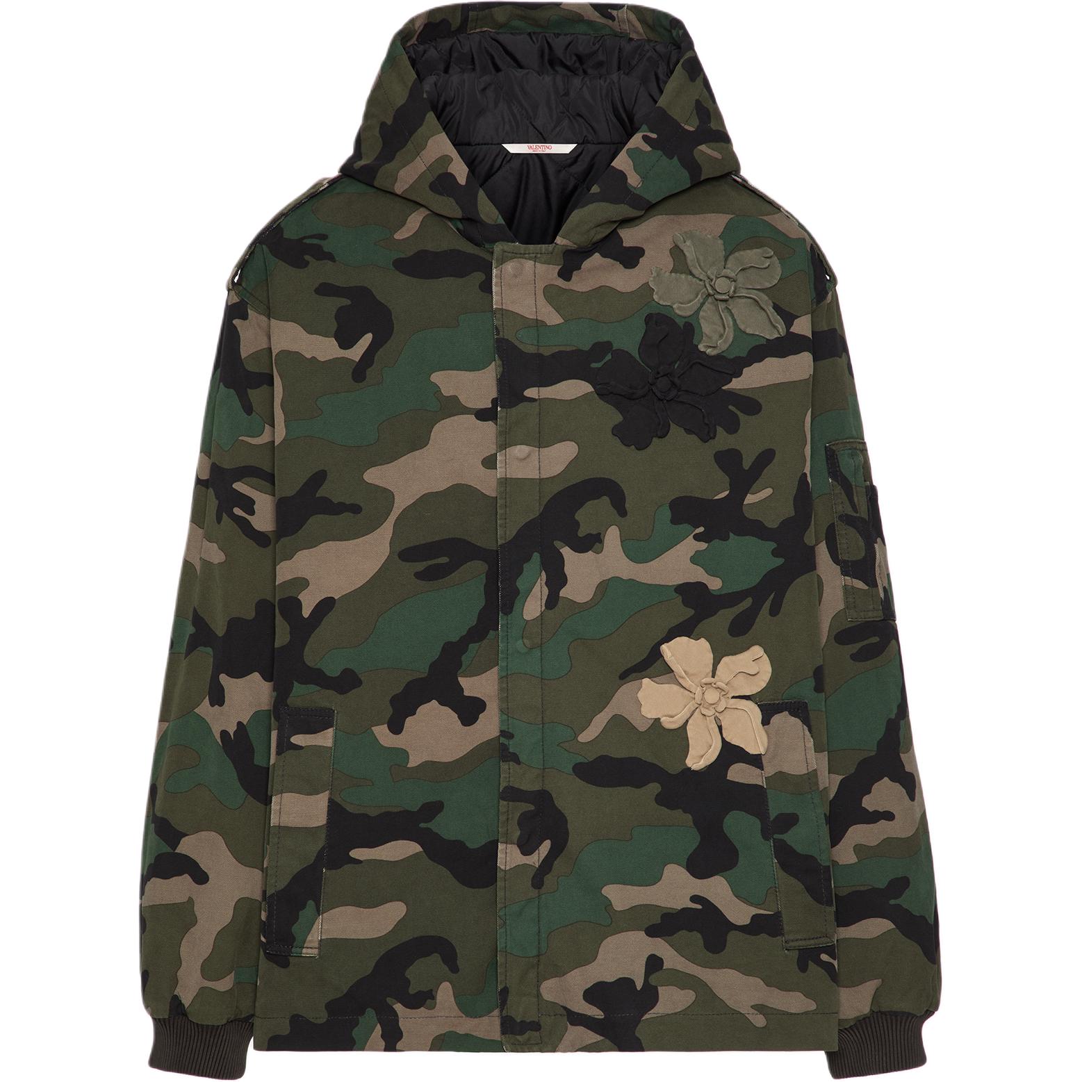 Valentino SS24 Floral Embroidered Camo Hooded Jacket Army Green Coat 5V3CJK10A9RF00