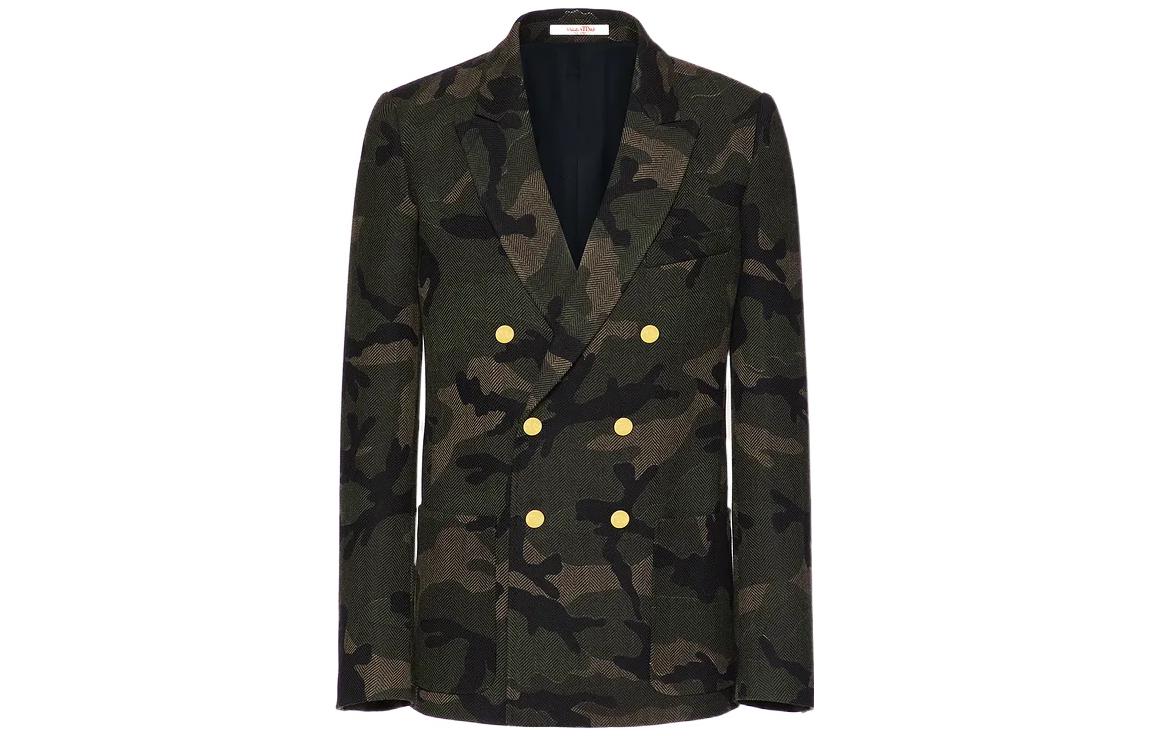 Valentino SS25 Camouflage Double-Breasted Wool Blazer Olive Green Menswear 1V3CED958K3F00