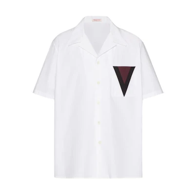 Valentino V Detail Cotton Short Sleeve Bowling Shirt White Casual Shirt VAAI904WWKR7