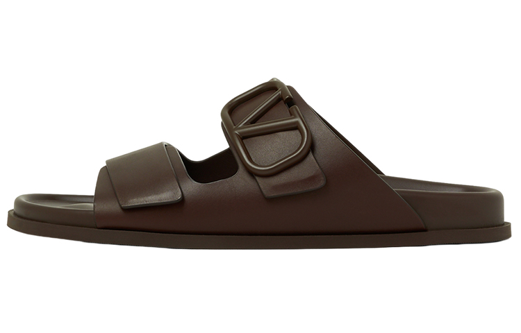 Valentino Vlogo Leather Slides 'Brown Logo'