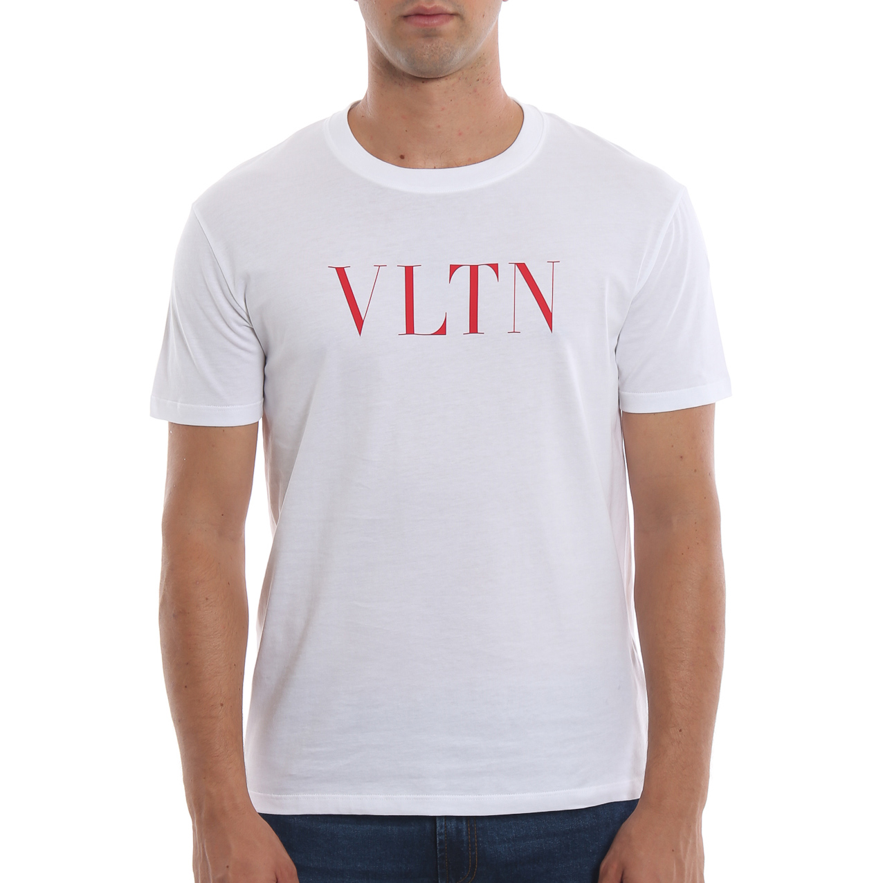 Shop 발렌티노 화이트 레터 프린트 반팔 티셔츠 RV3MG10V3LE0BO