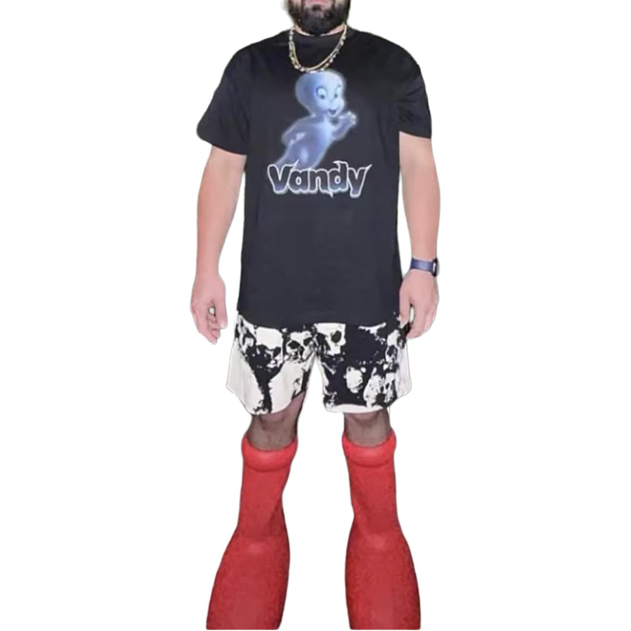 Shop Vandy The Pink 黑色圖案印花休閒中性圓領T恤 VTP095