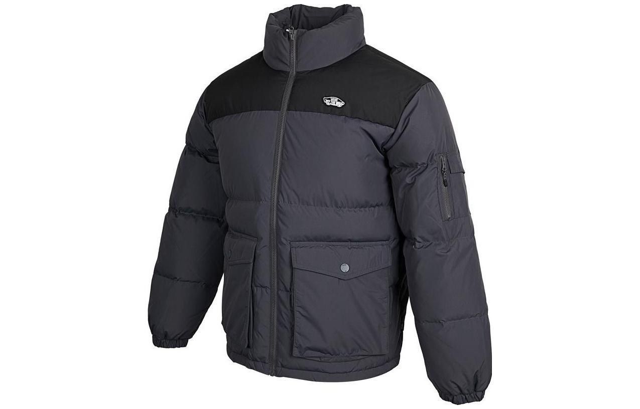 Vans  Gray Puffer Jacket with Letter Logo, Zipper Pocket, and Long Sleeves. VN0A7YJ91O7