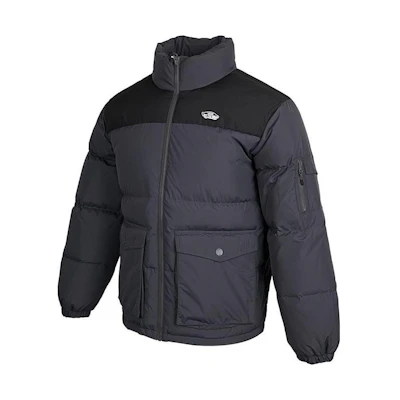 Vans Gray Puffer Jacket with Letter Logo, Zipper Pocket, and Long Sleeves. VN0A7YJ91O7