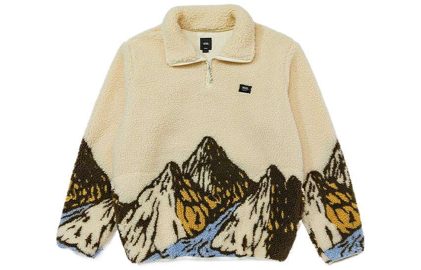 Vans FW22 Half-Zip Sherpa Pullover Beige with Logo and Mountain Design Unisex VN0000BF3KS