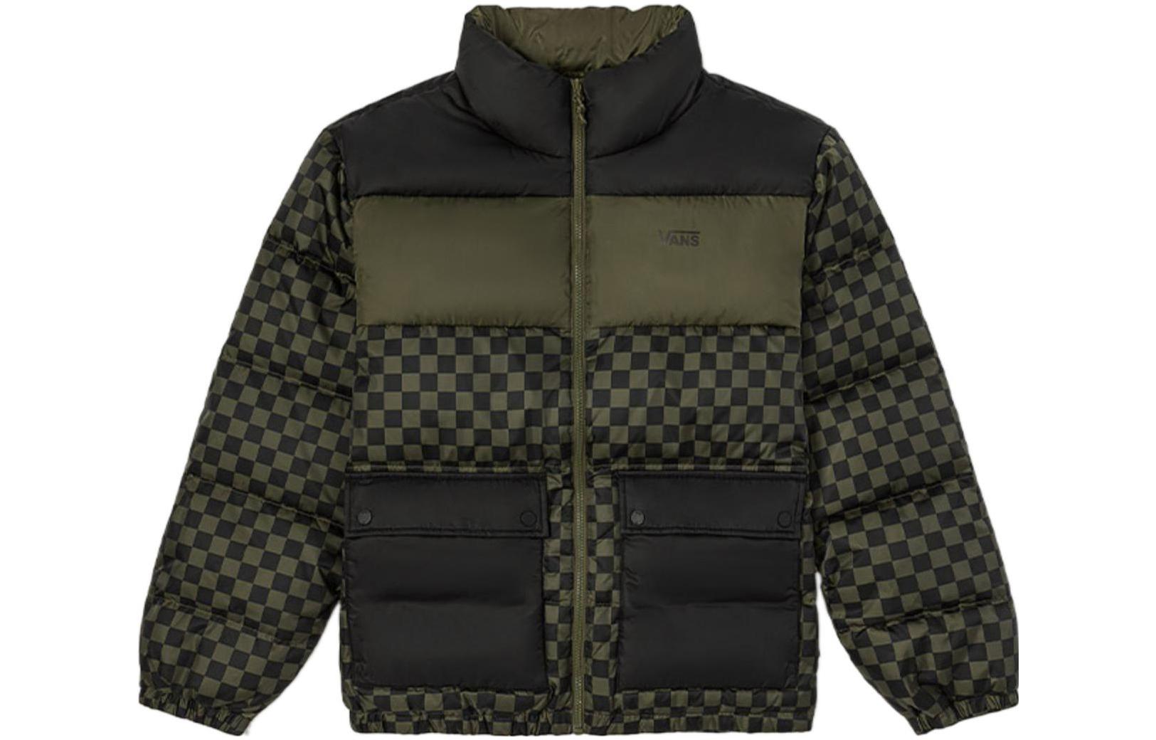 Vans FW22 Logo Checkered Puffer Jacket with Zipper & Pocket Unisex - Green Plaid VN00090SBSZ