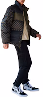 Shop Vans FW22 Logo Checkered Puffer Jacket with Zipper & Pocket Unisex - Green Plaid VN00090SBSZ