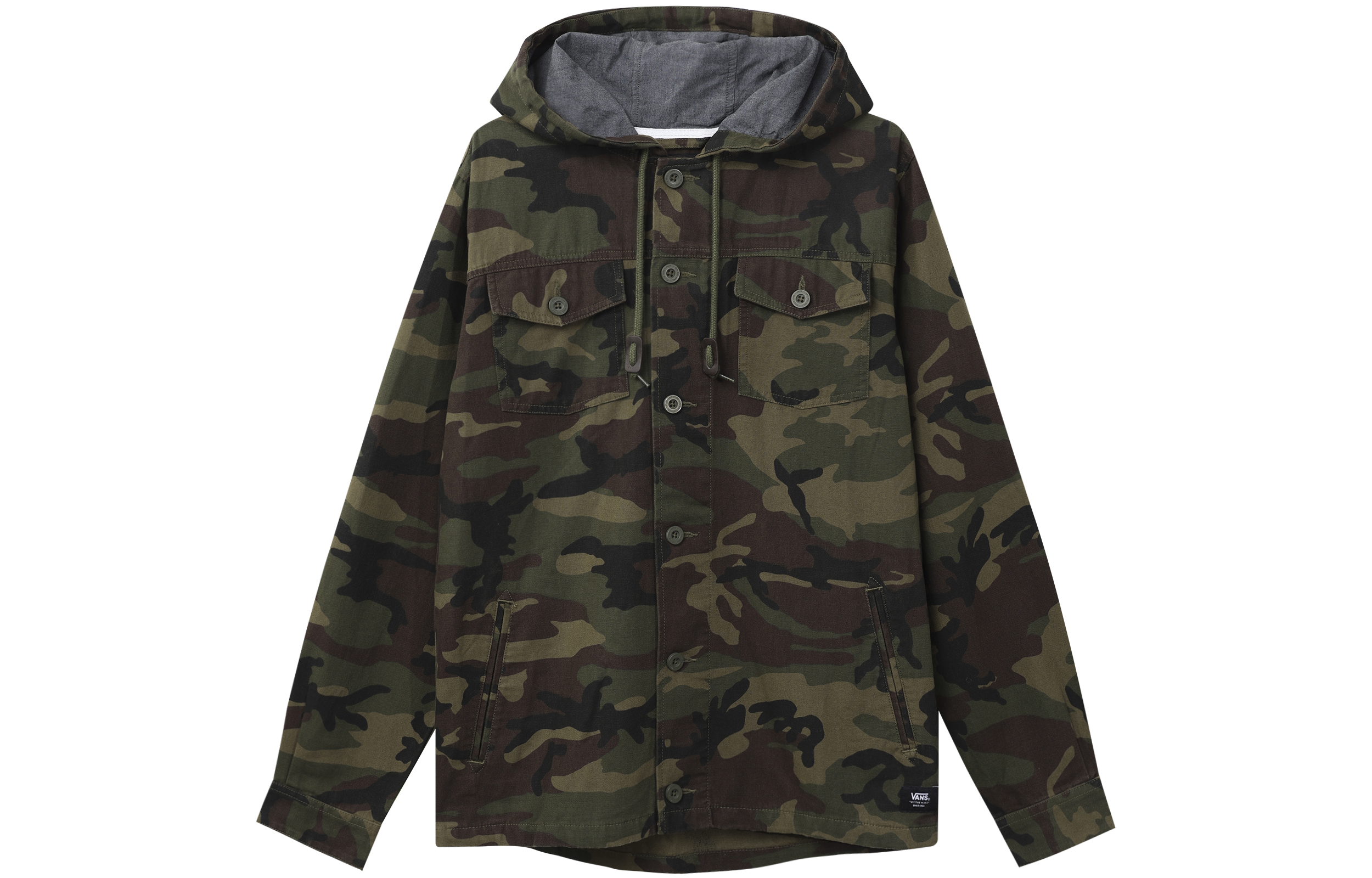 Vans Green Camo Utility Outdoor Jacket with Hood and Multiple Pockets VN0A36JLCMA