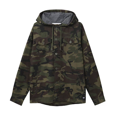 Vans Green Camo Utility Outdoor Jacket with Hood and Multiple Pockets VN0A36JLCMA