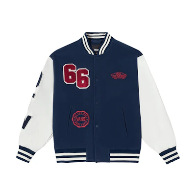 Vans Navy Blue Logo Embroidered Loose Fit Baseball Jacket Unisex. VN0002ECLKZ