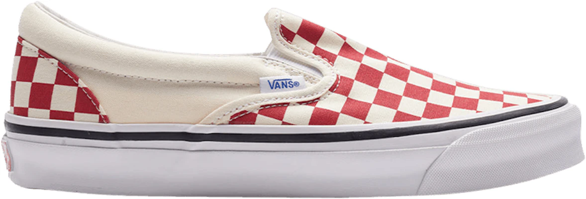 Red and white best sale checkerboard vans slip on