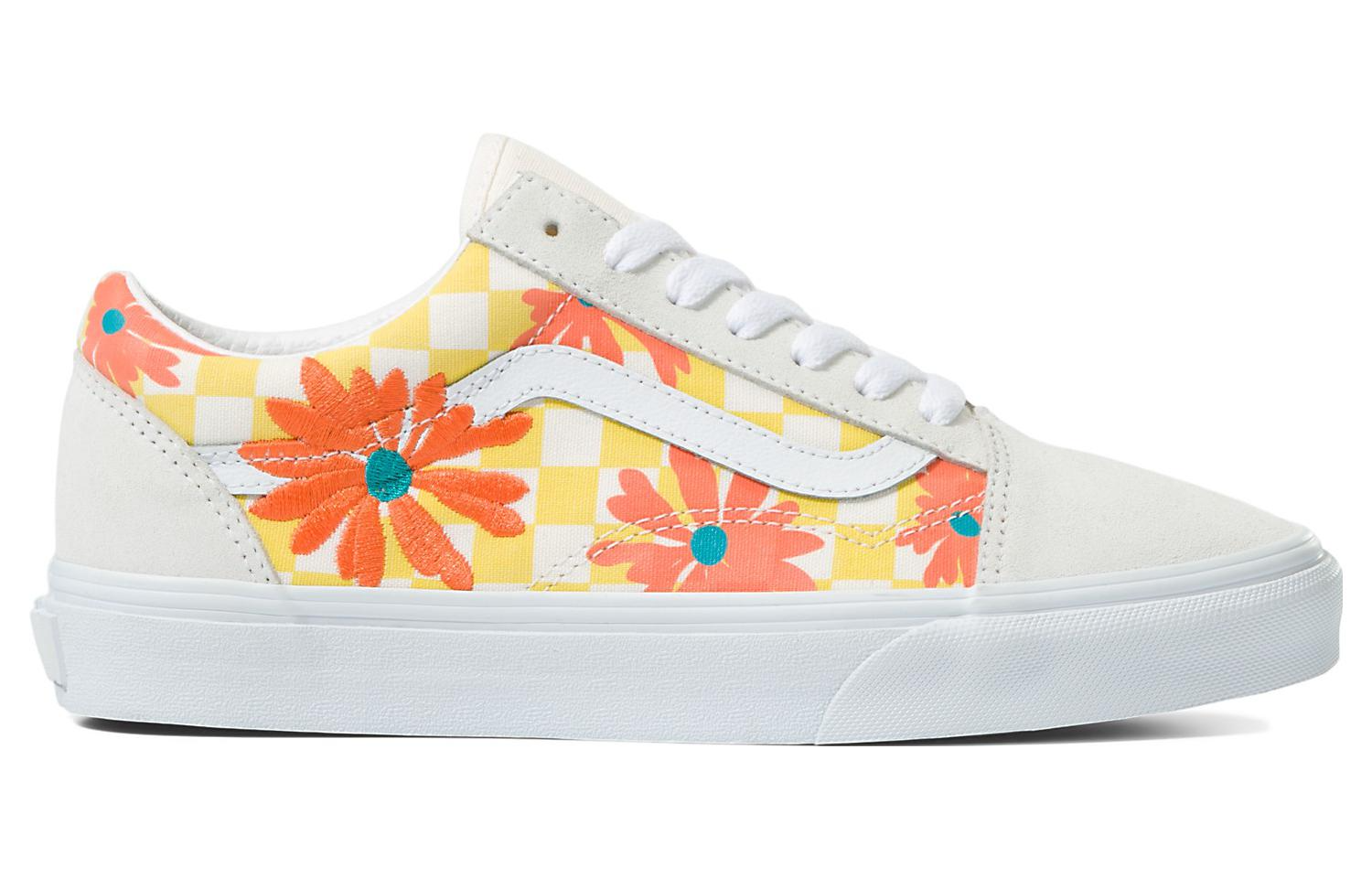 Order Vans Old Skool 休閒花卉 耐磨輕便 低筒 滑板鞋 男女皆宜 白黃橙