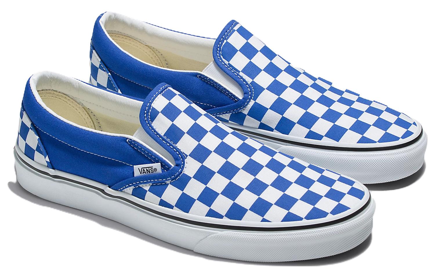 Lookbook Vans滑入式棋盤經典款 流行休閒 防滑耐磨 低筒 滑板鞋 男女皆宜 藍白色