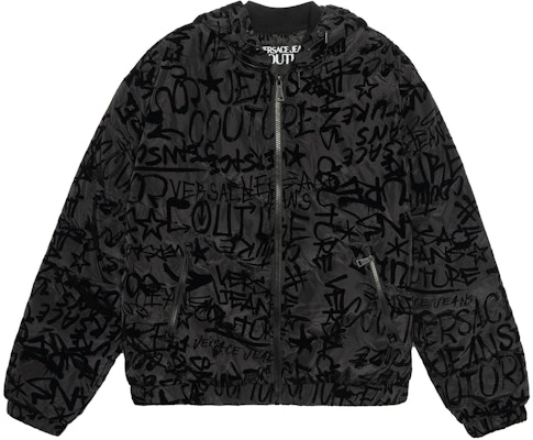 VERSACE 黑色拼接徽標印花連帽拉鍊羽絨外套. E75GAUD02-ECQD74-E899 Buy VERSACE 黑色拼接徽標印花連帽拉鍊羽絨外套. E75GAUD02-ECQD74-E899