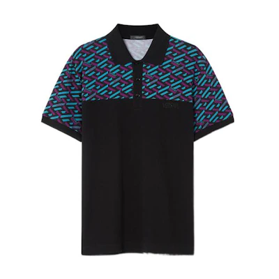 VERSACE Black Cotton Polo Shirt with Printed Panel Design and 3-Button Placket. 1006934-1A04920-5G320