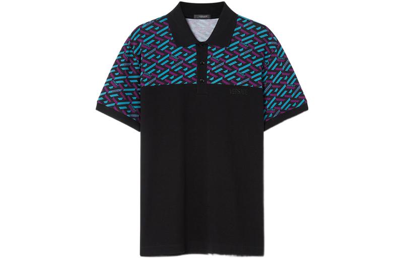 Order VERSACE Polo Negro de Algodón con Panel Estampado y Cierre de 3 Botones. 1006934-1A04920-5G320