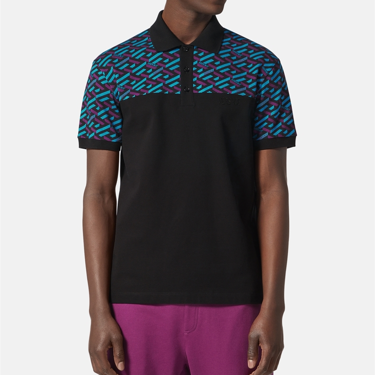 Shop VERSACE Polo Negro de Algodón con Panel Estampado y Cierre de 3 Botones. 1006934-1A04920-5G320