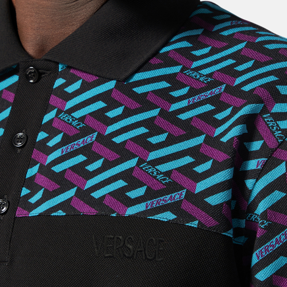 Details for VERSACE Polo Negro de Algodón con Panel Estampado y Cierre de 3 Botones. 1006934-1A04920-5G320