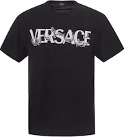 VERSACE Black Crewneck Short Sleeve T-Shirt with Letter Print Design 1006974-1A04949-1B000 VERSACE Black Crewneck Short Sleeve T-Shirt with Letter Print Design 1006974-1A04949-1B000