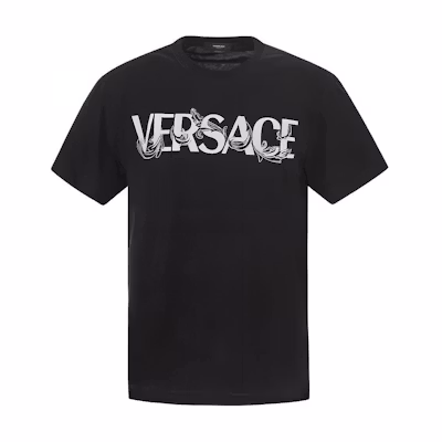 VERSACE Black Crewneck Short Sleeve T-Shirt with Letter Print Design 1006974-1A04949-1B000
