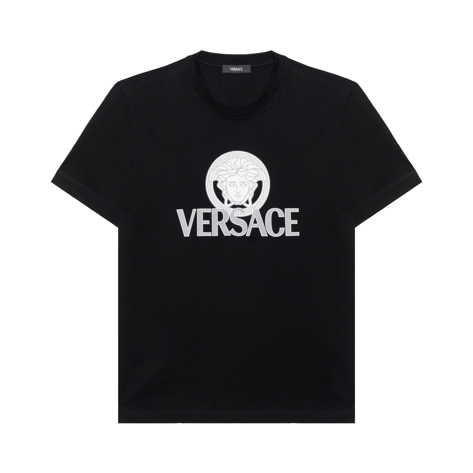 VERSACE  Black Crewneck Tee with Logo Print Short Sleeve Regular Fit 1014226-1A10088-1B000