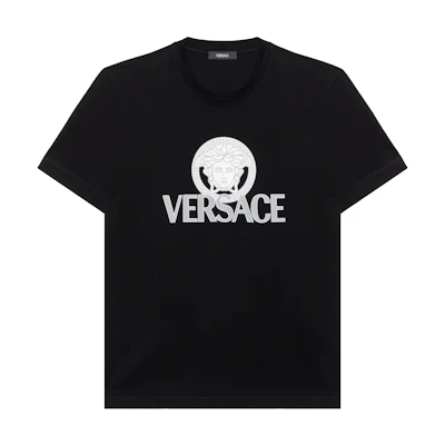 VERSACE Black Crewneck Tee with Logo Print Short Sleeve Regular Fit 1014226-1A10088-1B000