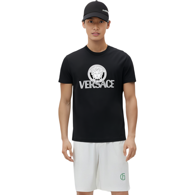 Shop VERSACE 黑色短袖印花圓領T恤 常規版型 1014226-1A10088-1B000