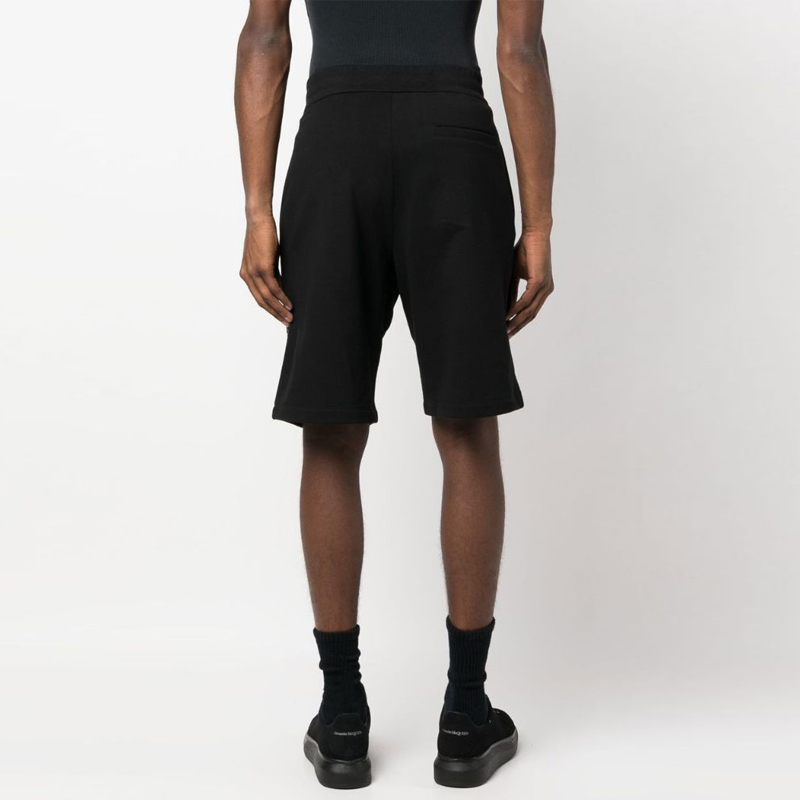 Shop VERSACE  Black Elastic Straight Shorts with Graphic Print. 1008537-1A06119-1B000