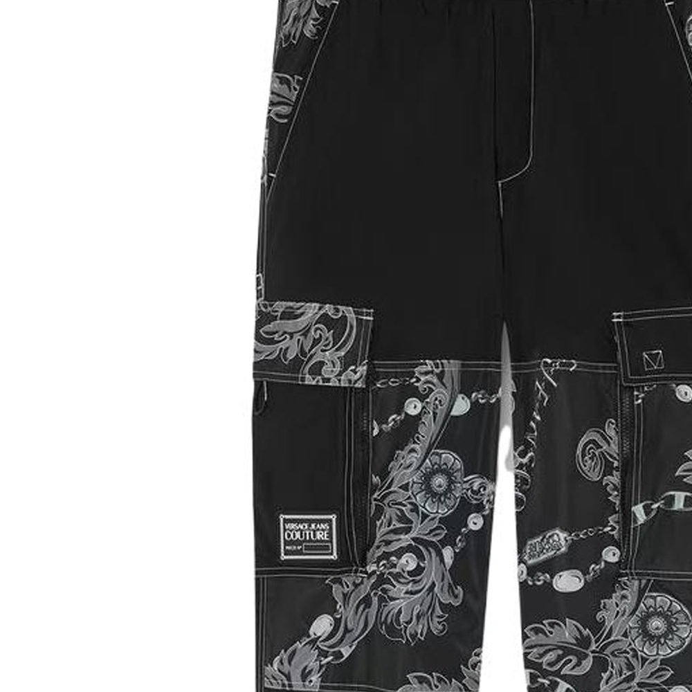 Sizing VERSACE Pantalones Cargo Sueltos Negros con Estampado Floral y Cremallera. E75GAAD11-ECQS70-E899